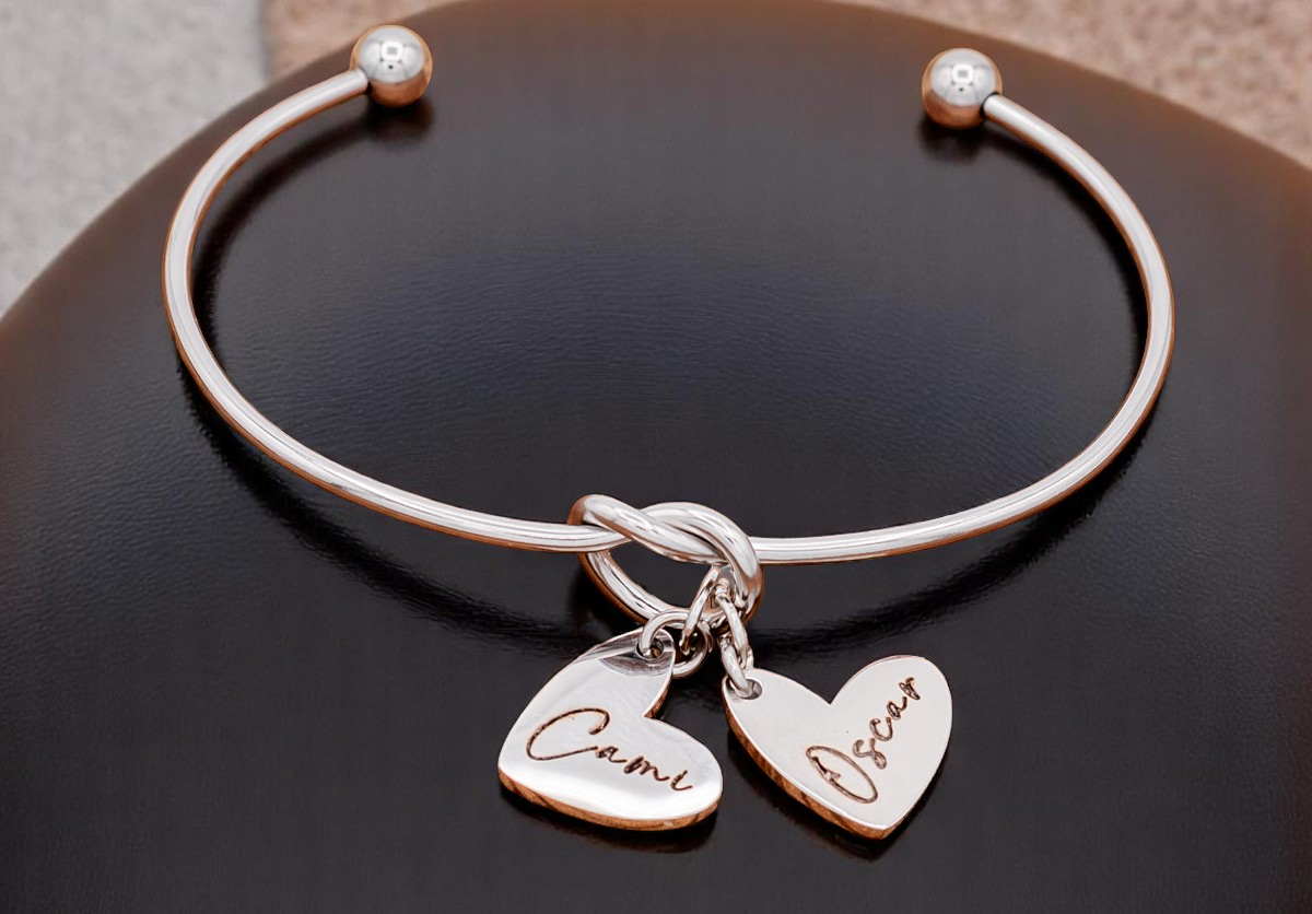 Bracelet, Knotted Bangle Silver, Gold, or Rose Gold Blank with Heart Shaped Charms