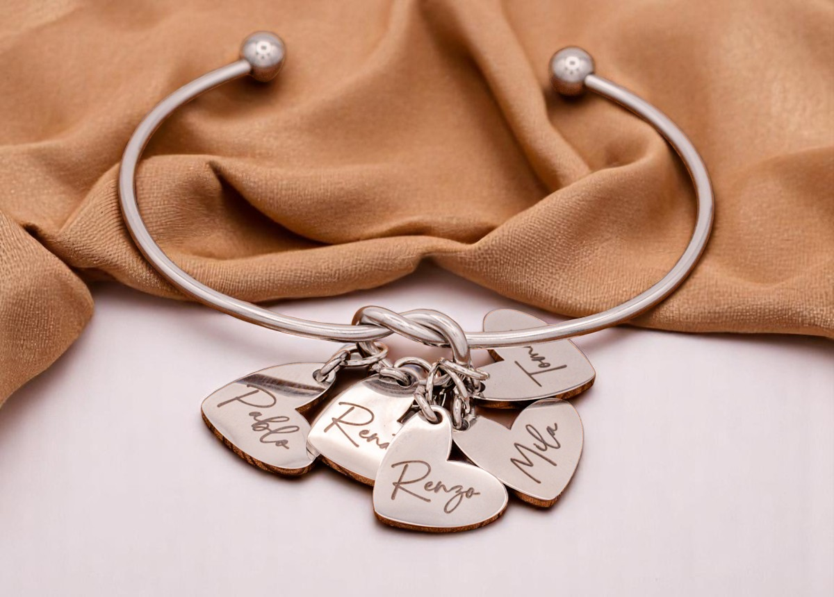 Bracelet, Knotted Bangle Silver, Gold, or Rose Gold Blank with Heart Shaped Charms