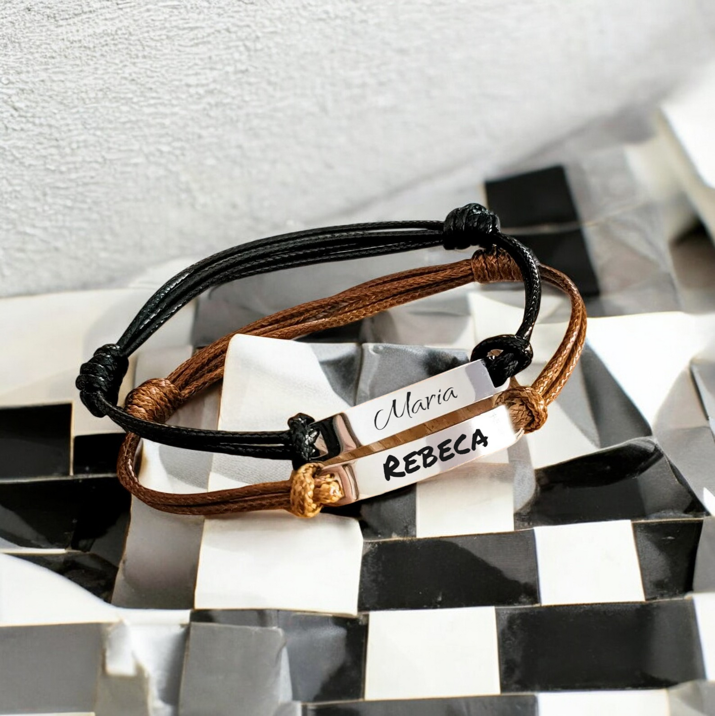 Bracelet, Bar with Woven Brown or Black Cord