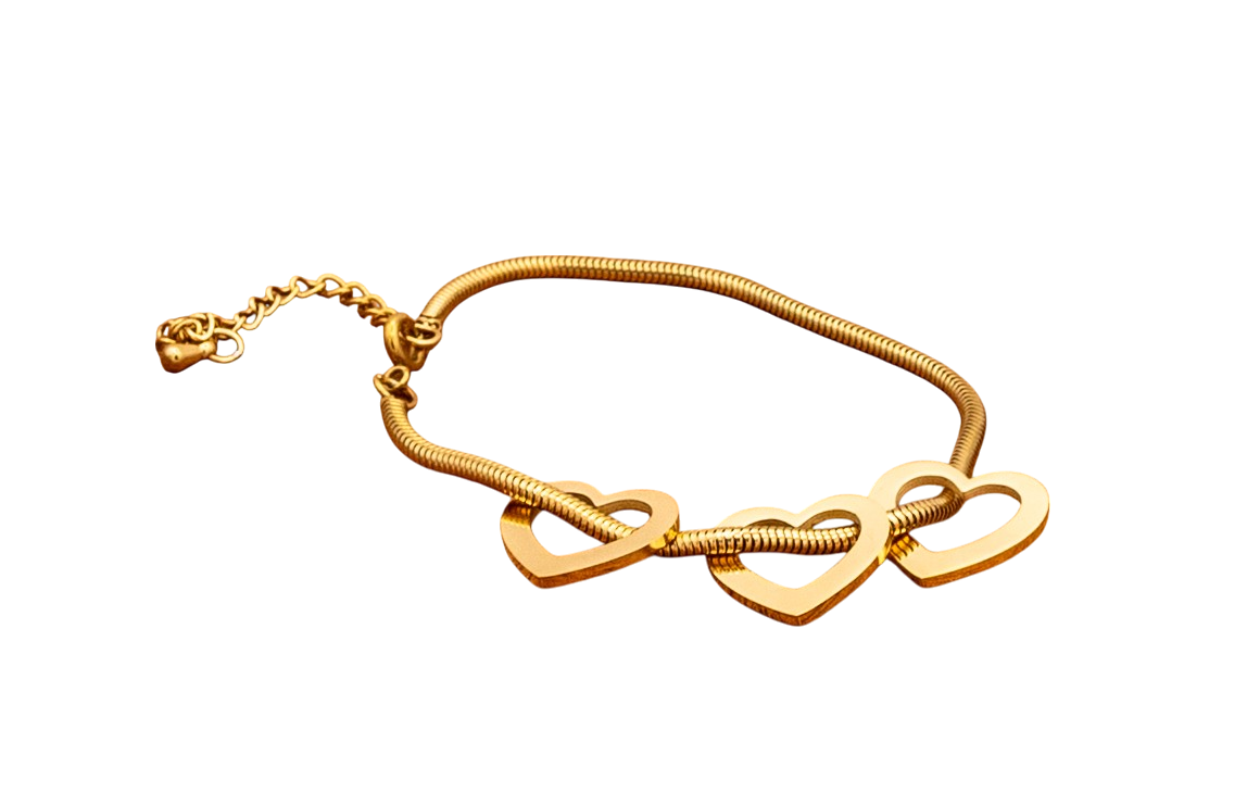 Bracelet, Open Heart Trio with Snake Chain Silver, Gold - Extra Hearts Available
