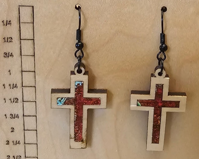 Wood and Acrylic Inlay Cross Earrings