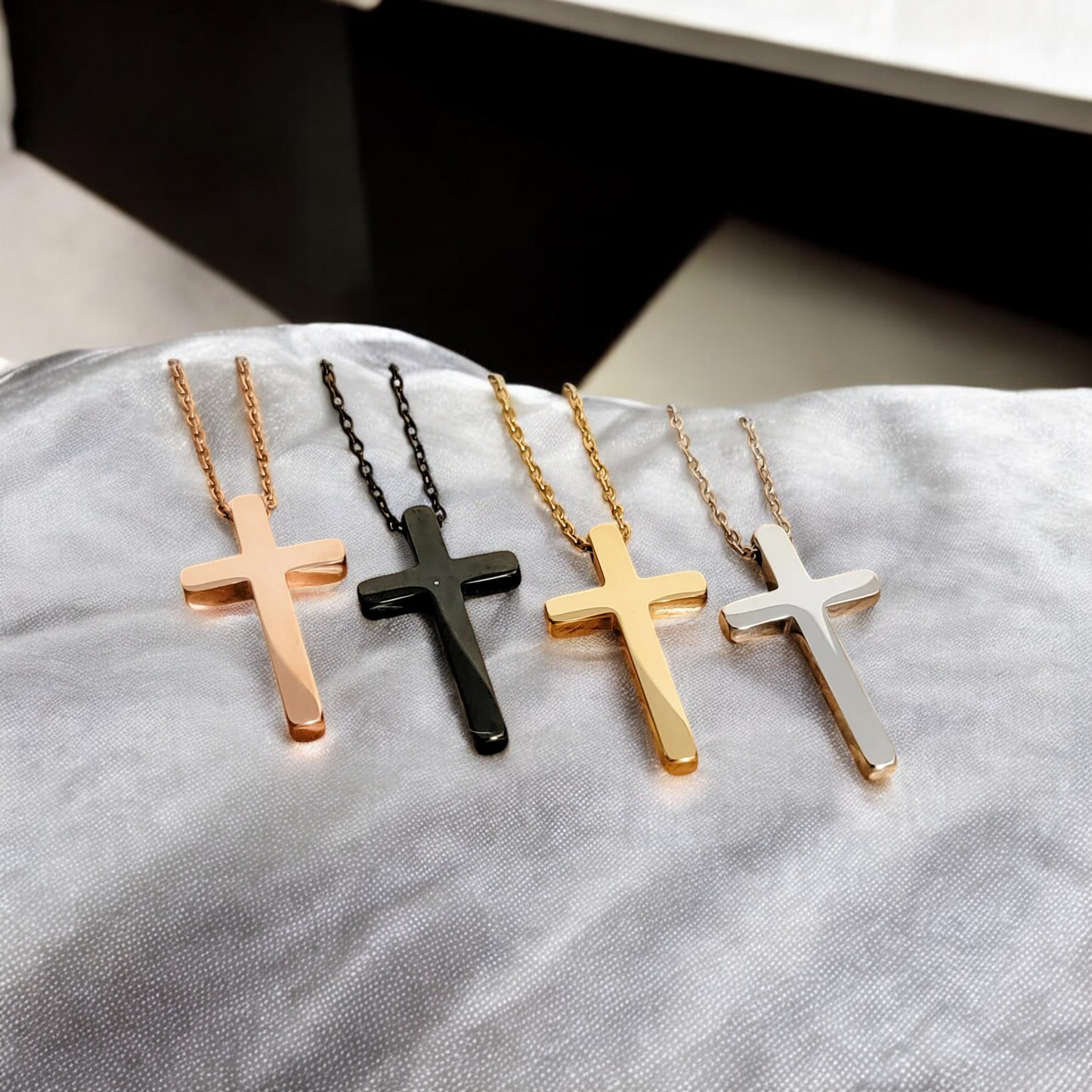 Necklace, Cross Vertical in Silver, Gold, Rose Gold, or Black
