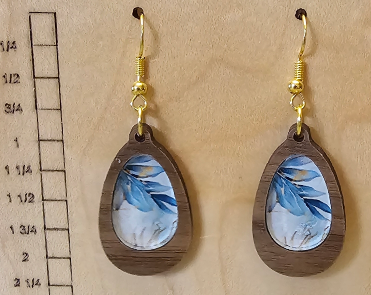 Wood and Acrylic Inlay Teardrop Earrings Dark Wood with Blue Flower Acrylic