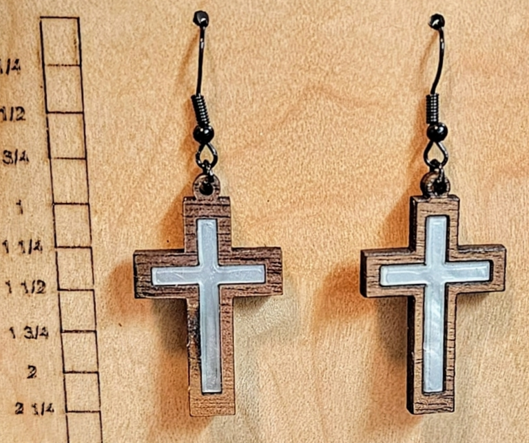 AA002 - Wood and Acrylic Inlay Earrings Cross Dark Wood with Light Green Acrylic Inlay