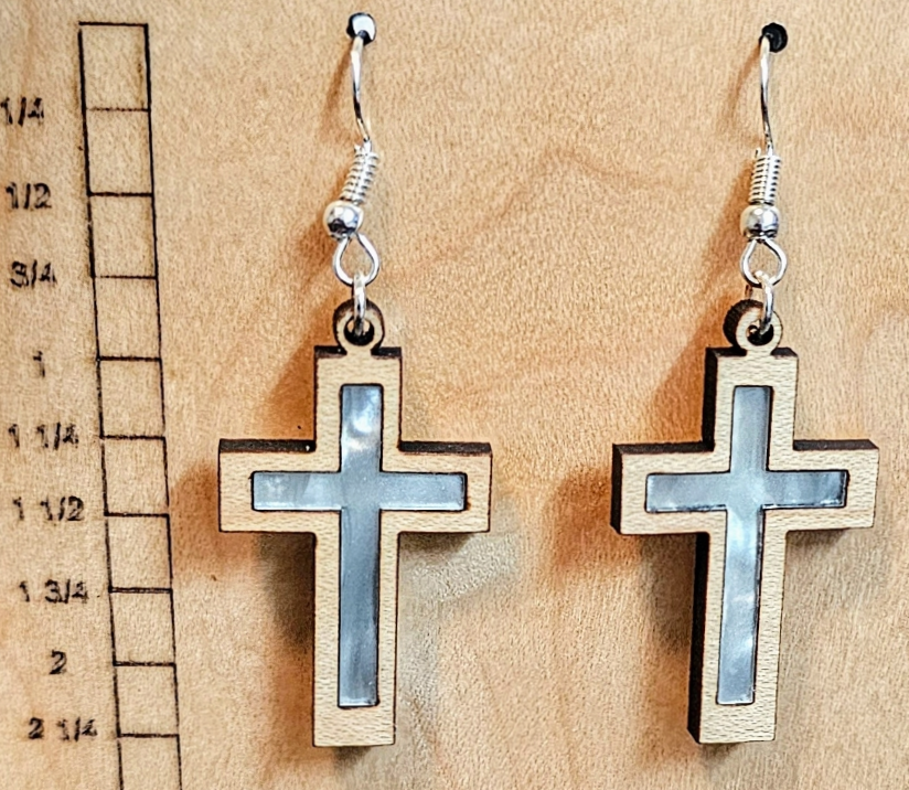 Wood and Acrylic Inlay Cross Earrings Natural Wood with Light Green