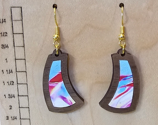 AA006A - Wood and Acrylic Inlay Earrings Dark Brown with Blue, Red and White Acrylic Inlay