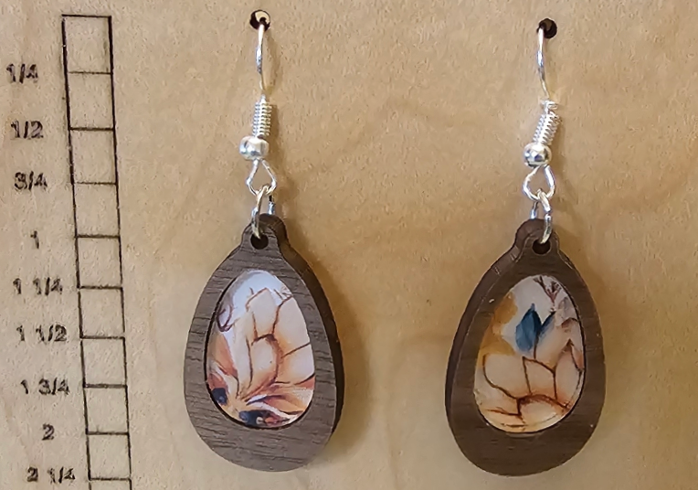 Wood and Acrylic Inlay Teardrop Earrings Dark Wood - Flowered Acrylic Inlay