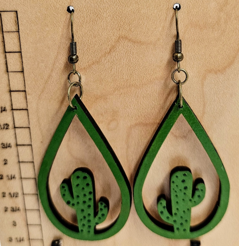 Wood Teardrop Earrings with Cactus Cutout Green Large Size