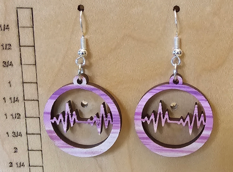 Wood Earrings Circle with Heartbeat Cutout Purple and White