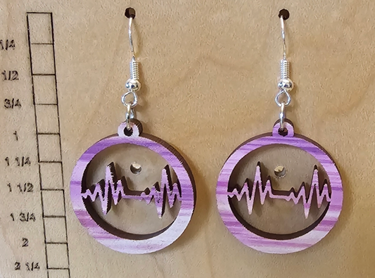 Wood Earrings Circle with Heartbeat Cutout Purple and White