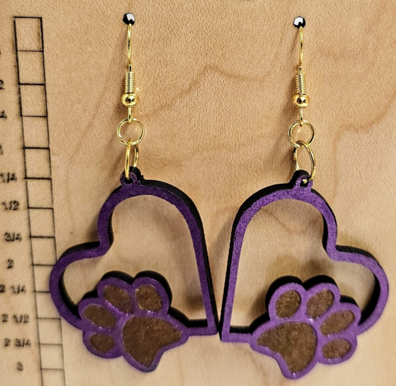 Wood Earrings Heart Shape with Paw Print Purple