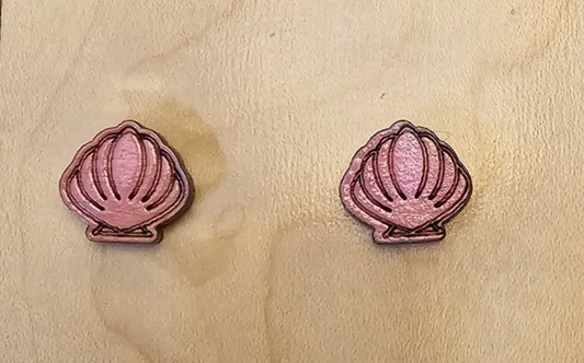 Wood Stud Earrings Shell Shaped - Pink
