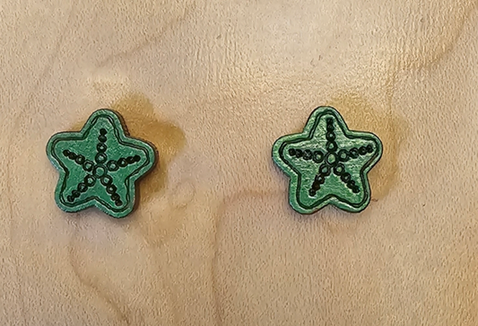Wood Stud Earrings Starfish Shaped - Green
