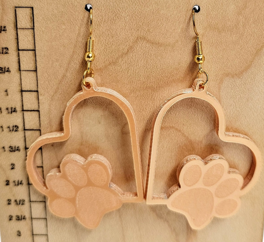 WW001 - Acrylic Earrings Heart with Paw Print Beige