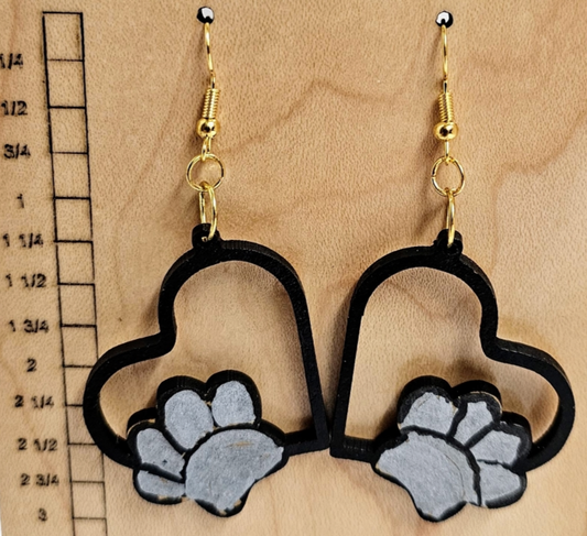 WW002 - Acrylic Earrings Heart with Paw Print Black