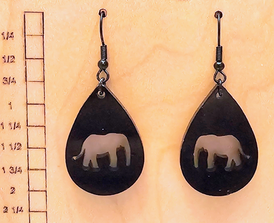 Acrylic Teardrop Earrings with Elephant Cutout Black