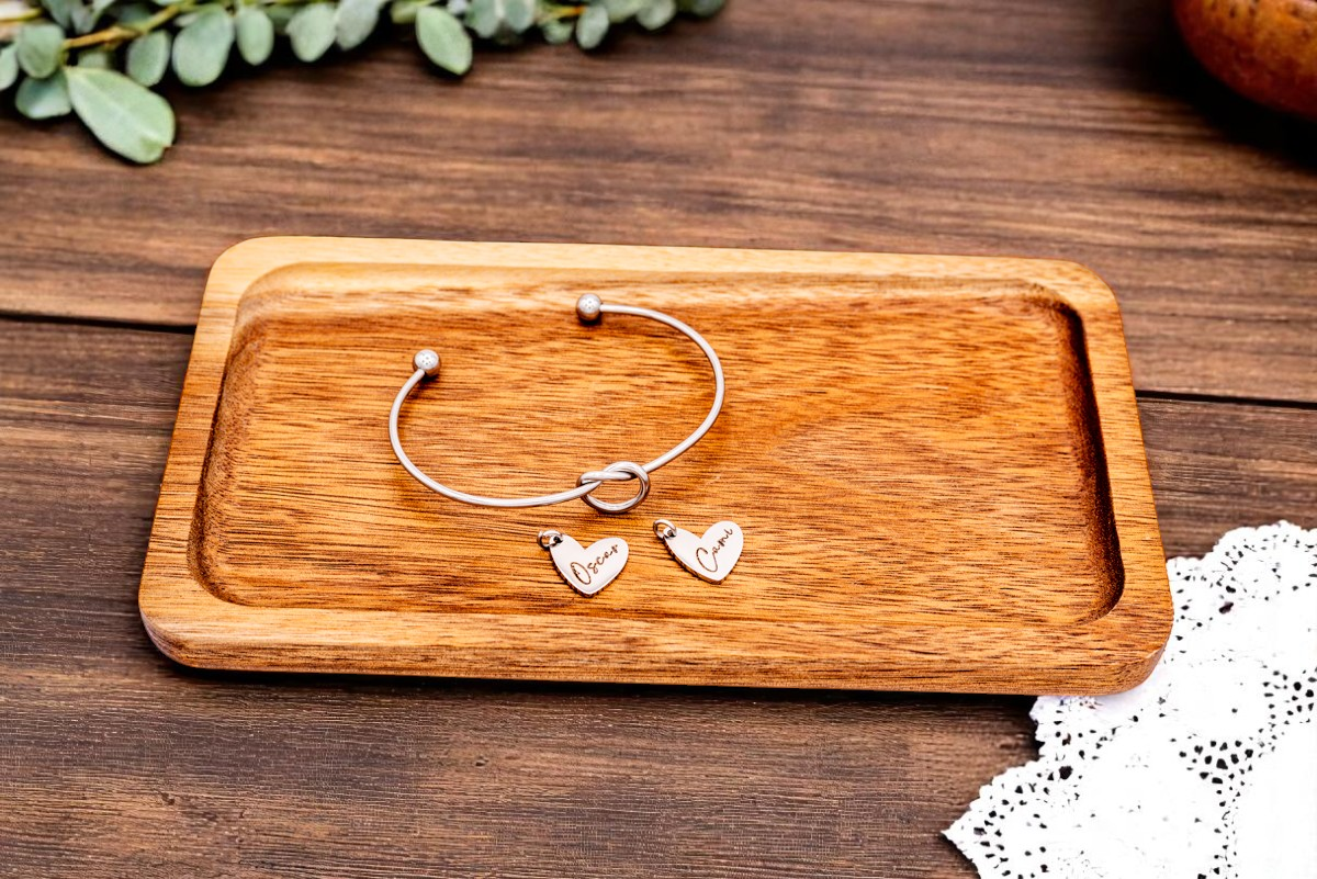 Bracelet, Knotted Bangle Silver, Gold, or Rose Gold Blank with Heart Shaped Charms