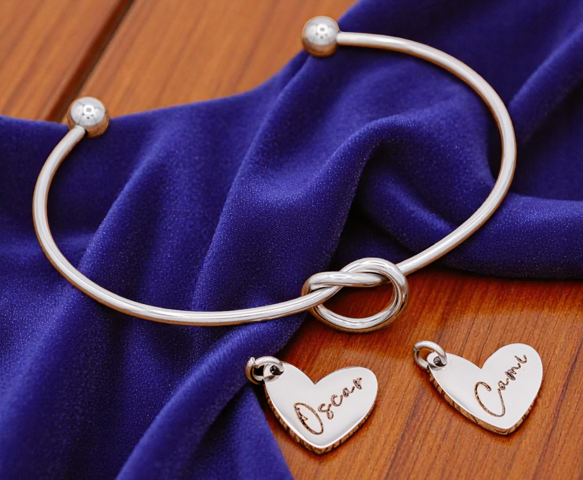 Bracelet, Knotted Bangle Silver, Gold, or Rose Gold Blank with Heart Shaped Charms
