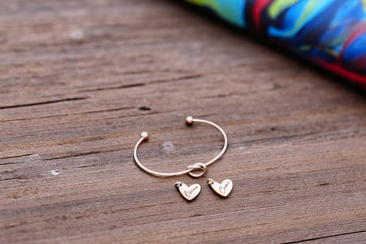 Bracelet, Knotted Bangle Silver, Gold, or Rose Gold Blank with Heart Shaped Charms