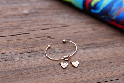 Bracelet, Knotted Bangle Silver, Gold, or Rose Gold Blank with Heart Shaped Charms