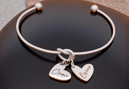 Bracelet, Knotted Bangle Silver, Gold, or Rose Gold Blank with Heart Shaped Charms