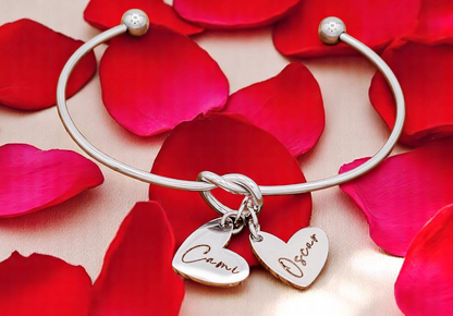 Bracelet, Knotted Bangle Silver, Gold, or Rose Gold Blank with Heart Shaped Charms