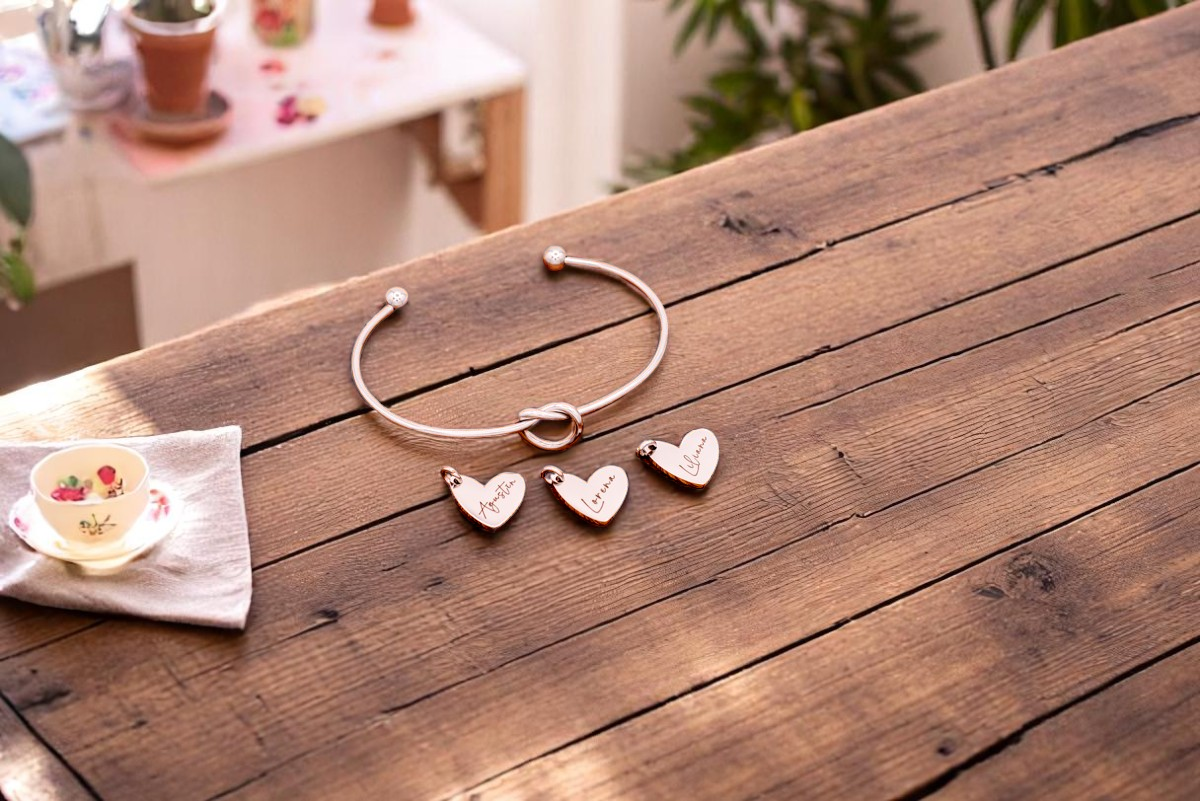 Bracelet, Knotted Bangle Silver, Gold, or Rose Gold Blank with Heart Shaped Charms