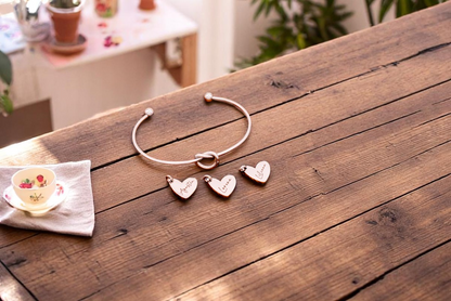 Bracelet, Knotted Bangle Silver, Gold, or Rose Gold Blank with Heart Shaped Charms