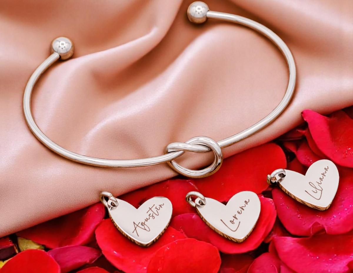 Bracelet, Knotted Bangle Silver, Gold, or Rose Gold Blank with Heart Shaped Charms