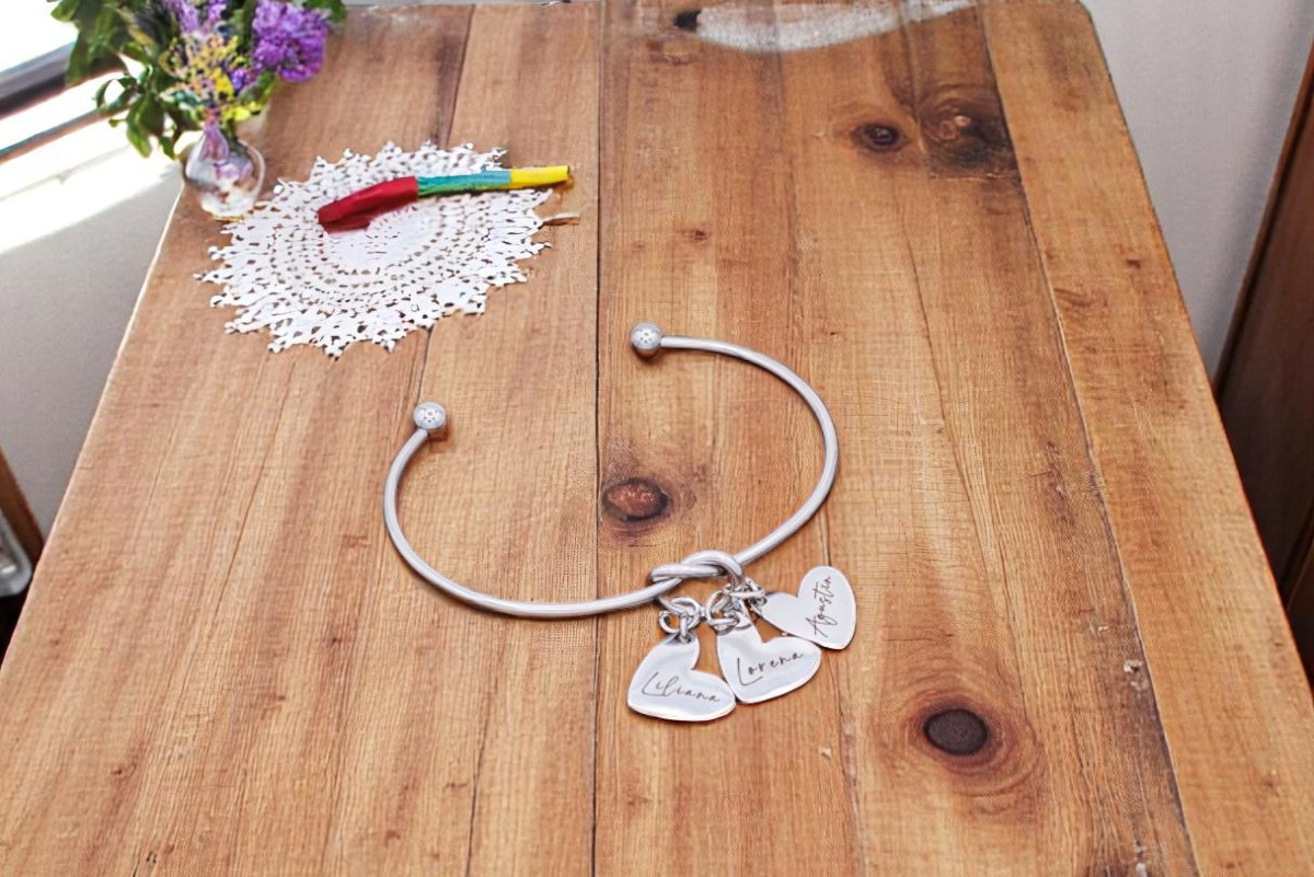 Bracelet, Knotted Bangle Silver, Gold, or Rose Gold Blank with Heart Shaped Charms