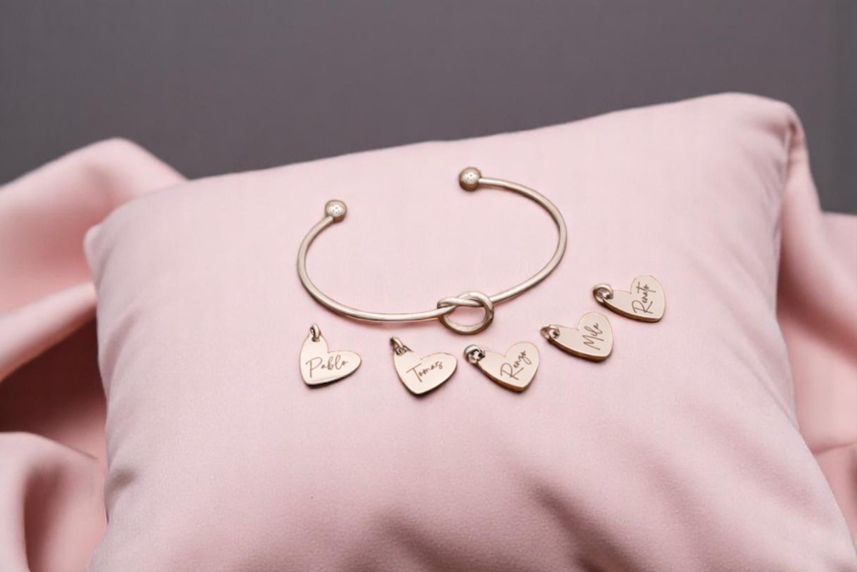 Bracelet, Knotted Bangle Silver, Gold, or Rose Gold Blank with Heart Shaped Charms