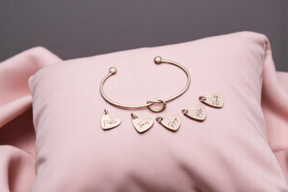 Bracelet, Knotted Bangle Silver, Gold, or Rose Gold Blank with Heart Shaped Charms