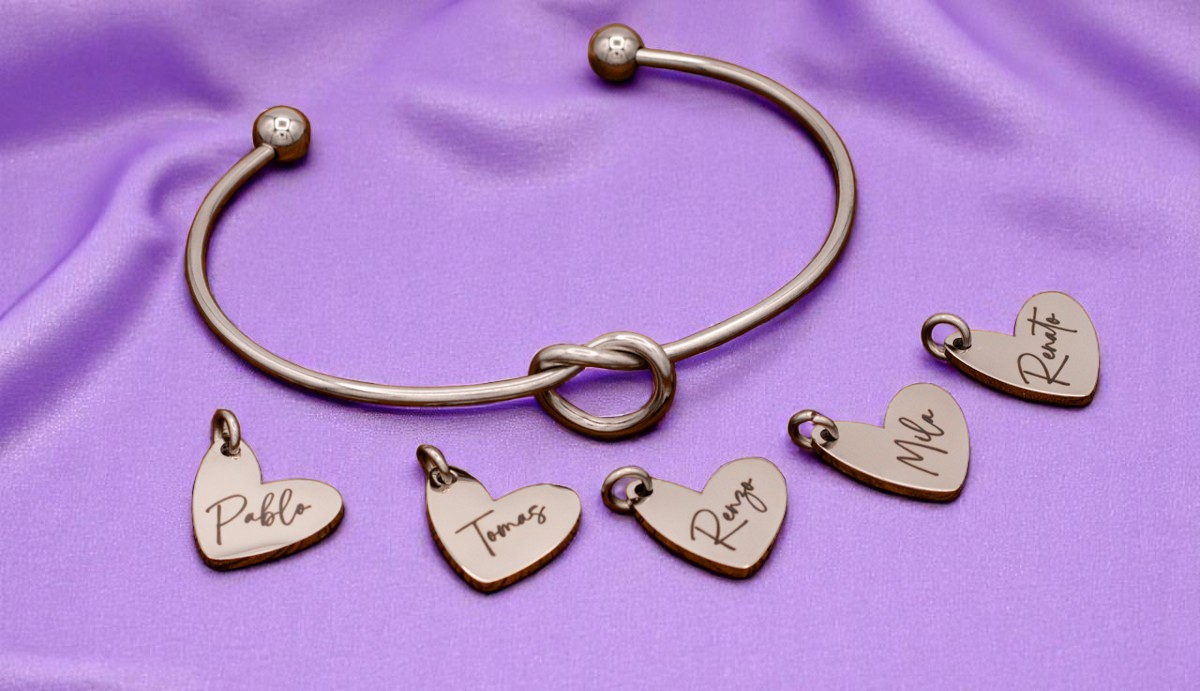 Bracelet, Knotted Bangle Silver, Gold, or Rose Gold Blank with Heart Shaped Charms