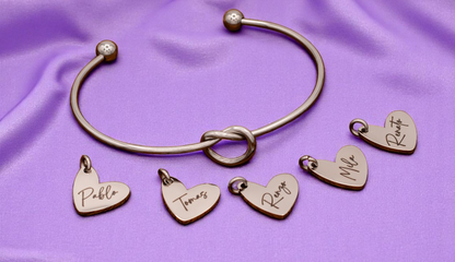 Bracelet, Knotted Bangle Silver, Gold, or Rose Gold Blank with Heart Shaped Charms
