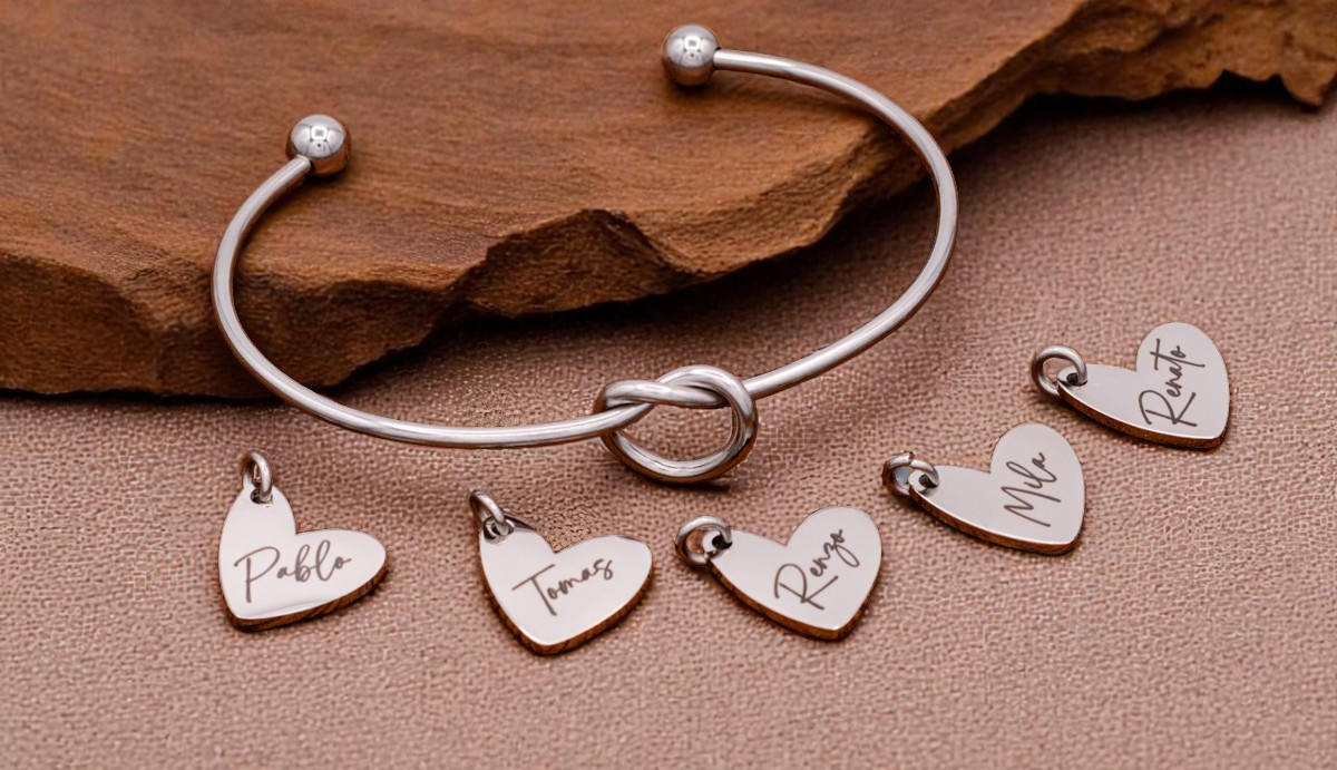 Bracelet, Knotted Bangle Silver, Gold, or Rose Gold Blank with Heart Shaped Charms