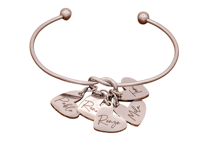 Bracelet, Knotted Bangle Silver, Gold, or Rose Gold Blank with Heart Shaped Charms