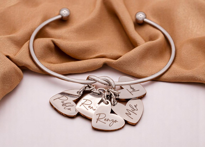 Bracelet, Knotted Bangle Silver, Gold, or Rose Gold Blank with Heart Shaped Charms