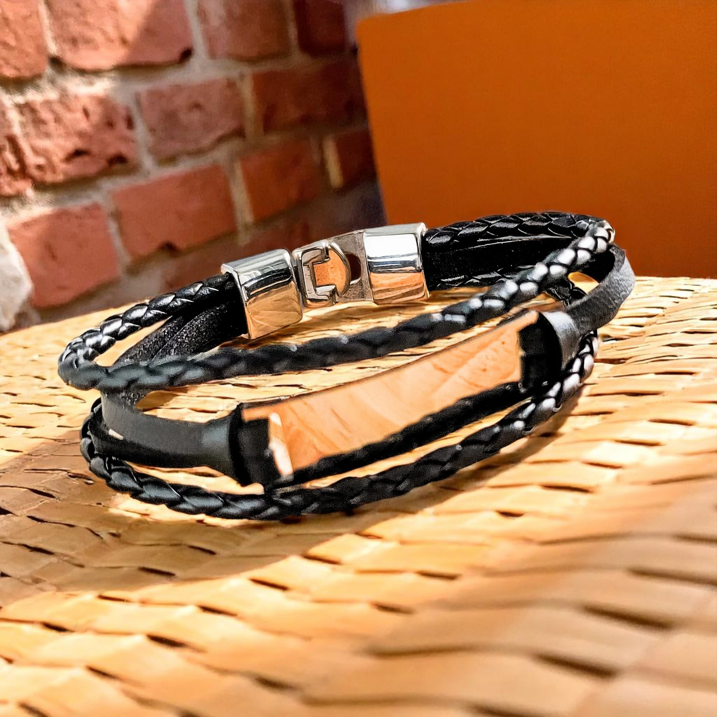 Bracelet, Men's Stainless Steel Bar with Triple Cord - Black