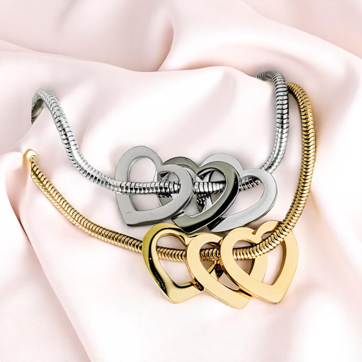 Bracelet, Open Heart Trio with Snake Chain Silver, Gold - Extra Hearts Available