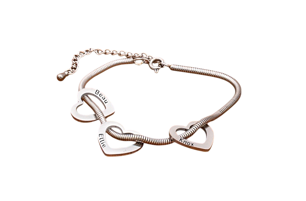 Bracelet, Open Heart Trio with Snake Chain Silver, Gold - Extra Hearts Available