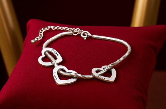 Bracelet, Open Heart Trio with Snake Chain Silver, Gold - Extra Hearts Available