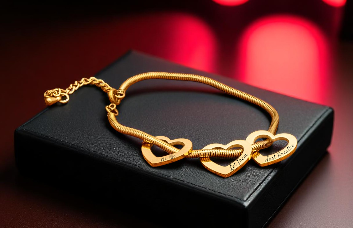 Bracelet, Open Heart Trio with Snake Chain Silver, Gold - Extra Hearts Available