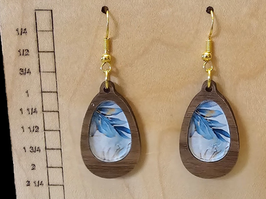 Wood and Acrylic Inlay Teardrop Earrings with Flower Print