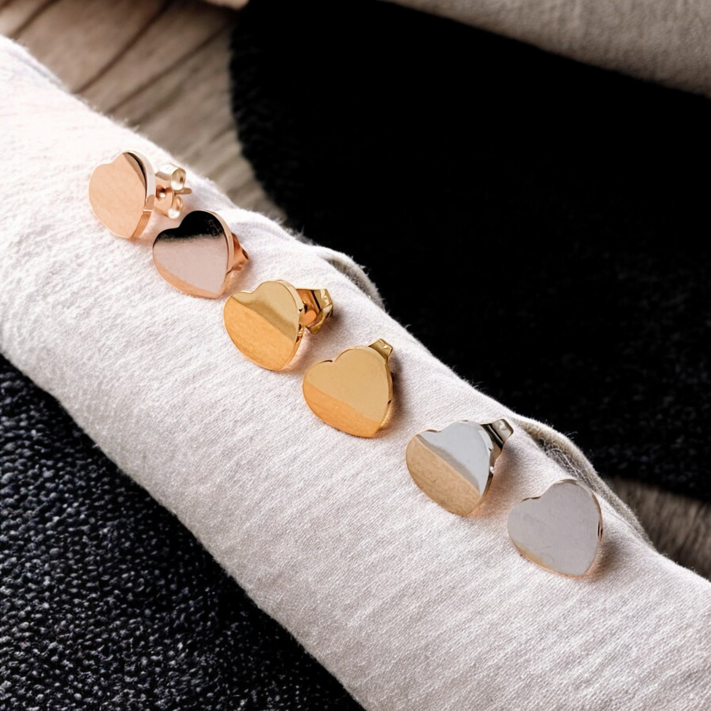 Earrings, Stud Heart Shaped Silver, Gold, or Rose Gold, 1 Pair