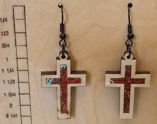 Wood and Acrylic Inlay Cross Earrings  Natural Wood with Copper Acrylic Inlay