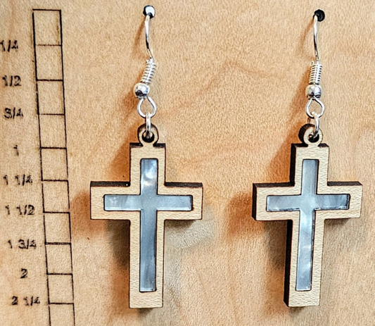Wood and Acrylic Inlay Cross Earrings  Natural Wood with Light Green