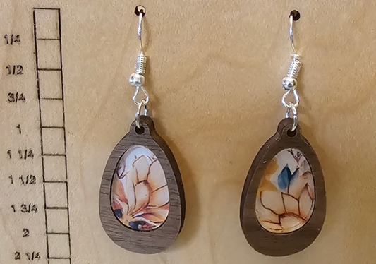 Wood and Acrylic Inlay Teardrop Earrings Dark Wood - Flowered Acrylic Inlay