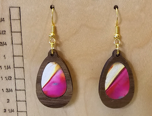 Wood and Acrylic Teardrop Inlay Earrings Dark Wood with Red and White Acrylic Inlay