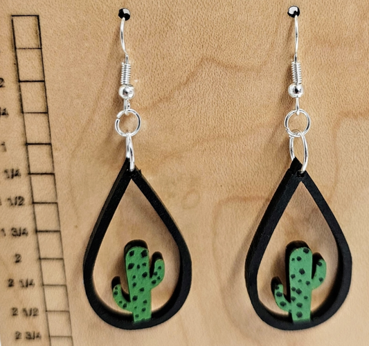 Wood Teardrop Earrings with Cactus Cutout Black