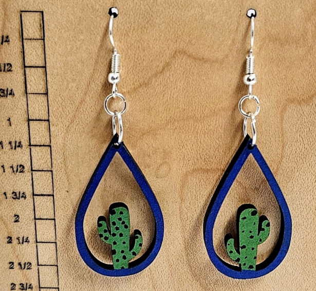 Wood Teardrop Earrings with Cactus Cutout Blue
